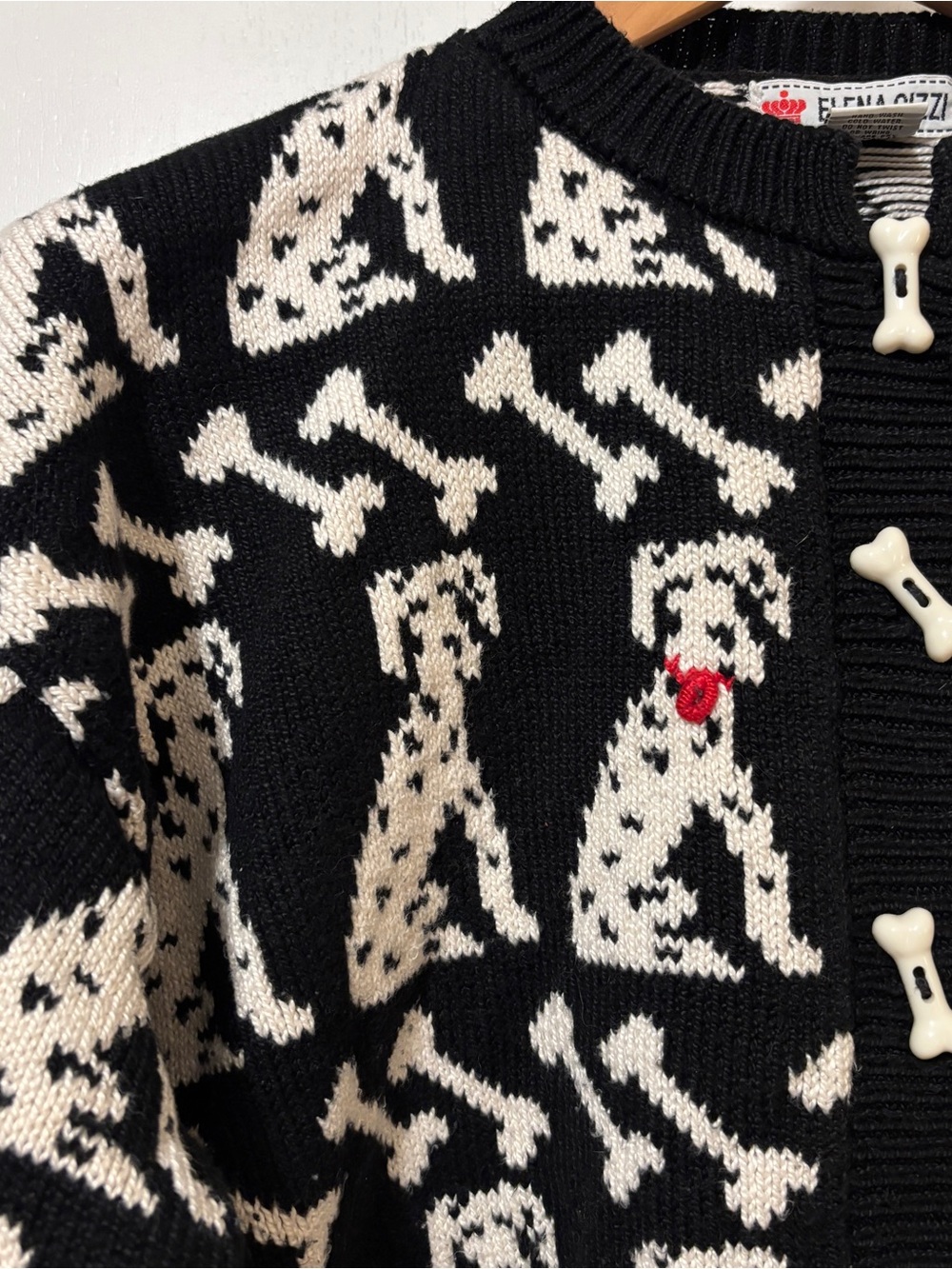 Vintage Womens Novelty Sweater Size M Dalmation Red Collar Dog Bone Buttons Rare